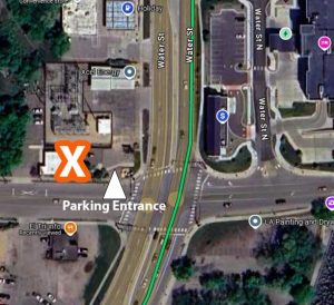 Map with parking entrance marked on Water St.