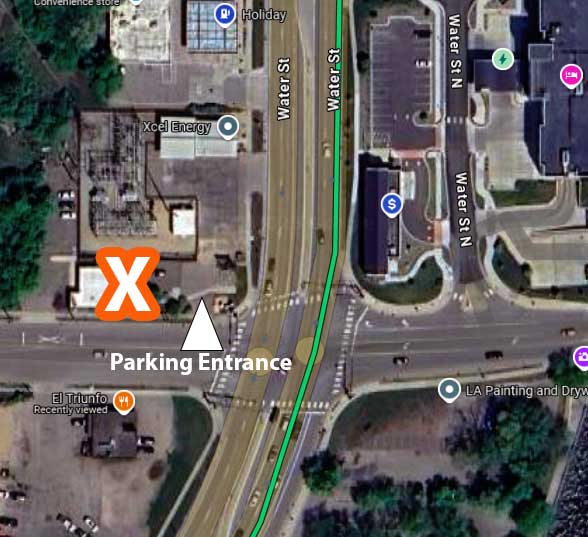 Map with parking entrance marked on Water St.