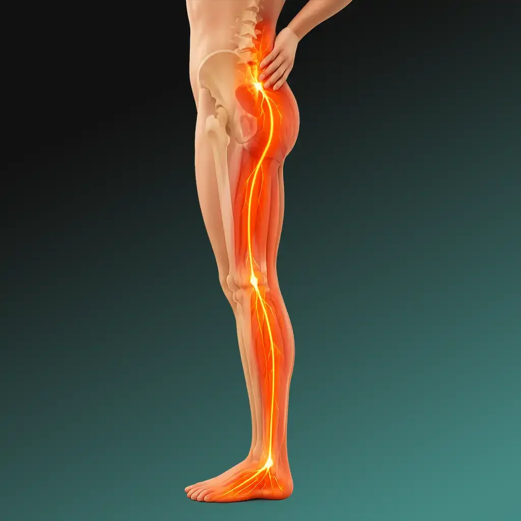 Sciatic nerve pain highlighted along lower back and leg